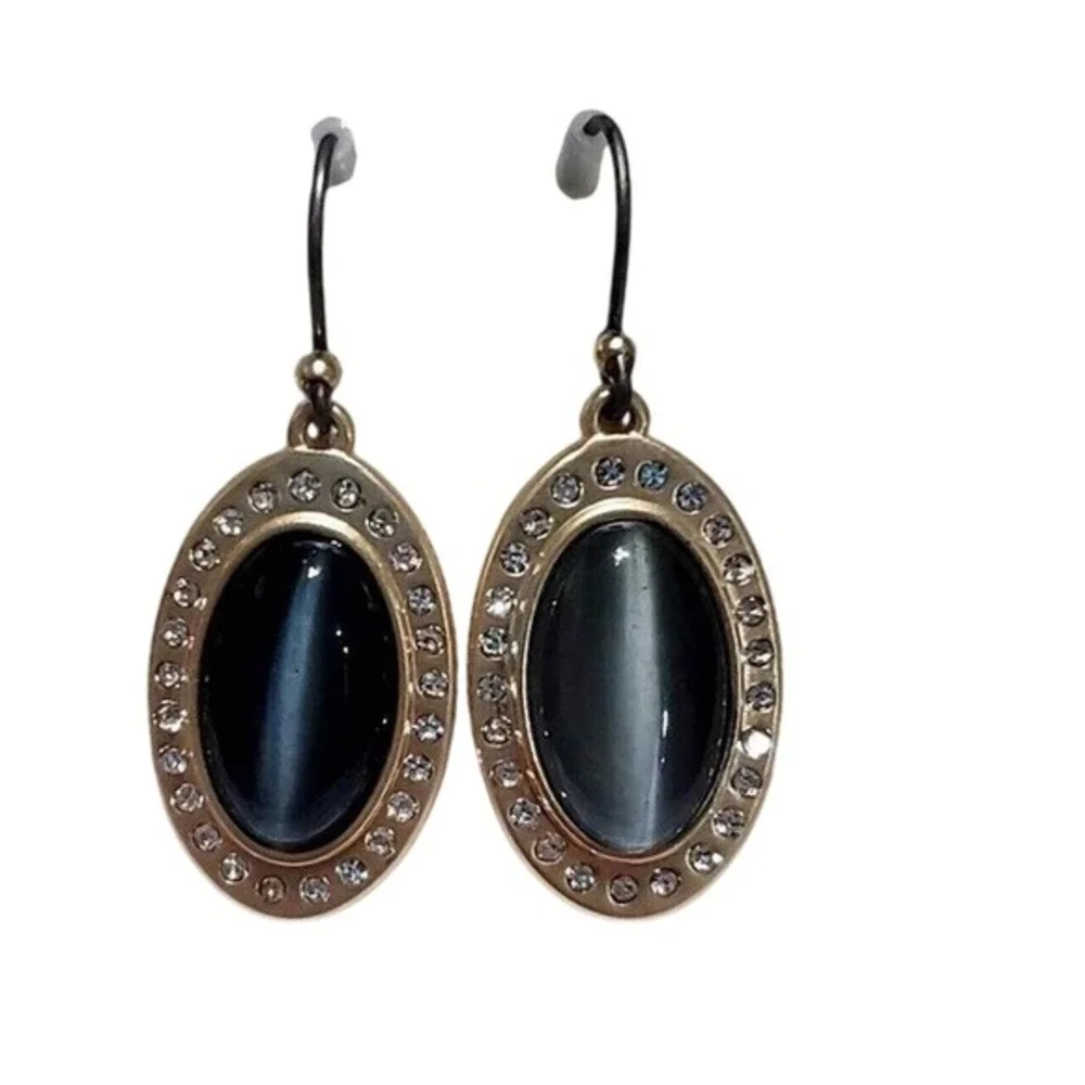 Lucky Brand Grey Cats Eye Oval Halo Crystal Gold Tone Drop Earrings Dangle New‎